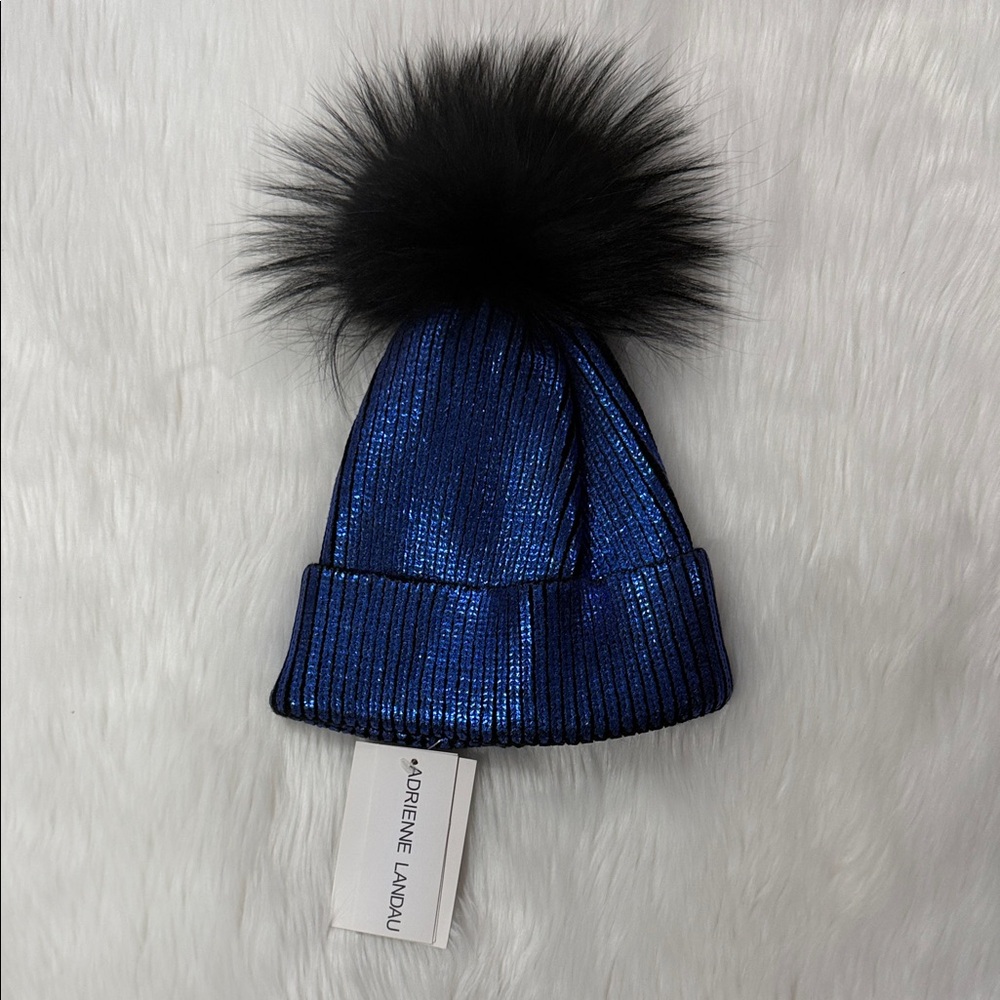Adrienne Landau Shimmering Blue Kids Hat with Black Pom-Pom